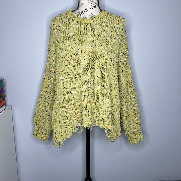 La Miel (M/L) Lime Oversized Loop Knit Sweater Raw Hem Distressed Boho Pullover - Picture 13 of 13